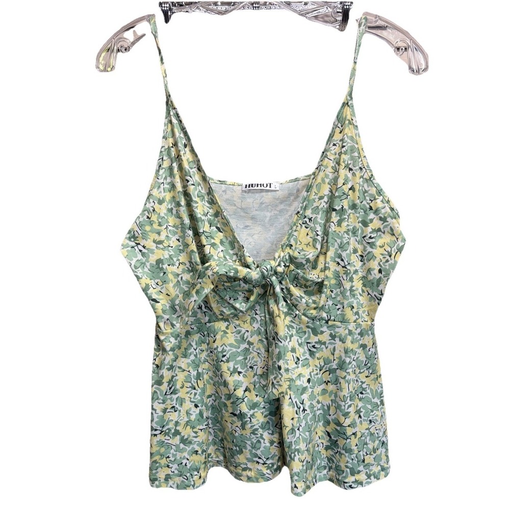 HUHOT Floral Tank Top Size‎ L Green/Yellow Adj Straps Babydoll Tie Bust Ruffle